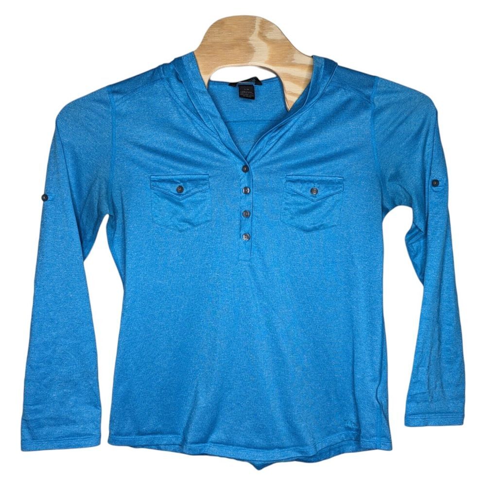 Marmot Womens Laura Hooded Button Shirt Size Large Blue Henley Pullover Roll Tab
